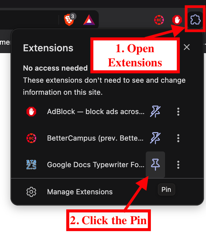Browser Extensions menu showing how to pin Google Docs Typewriter Focus
