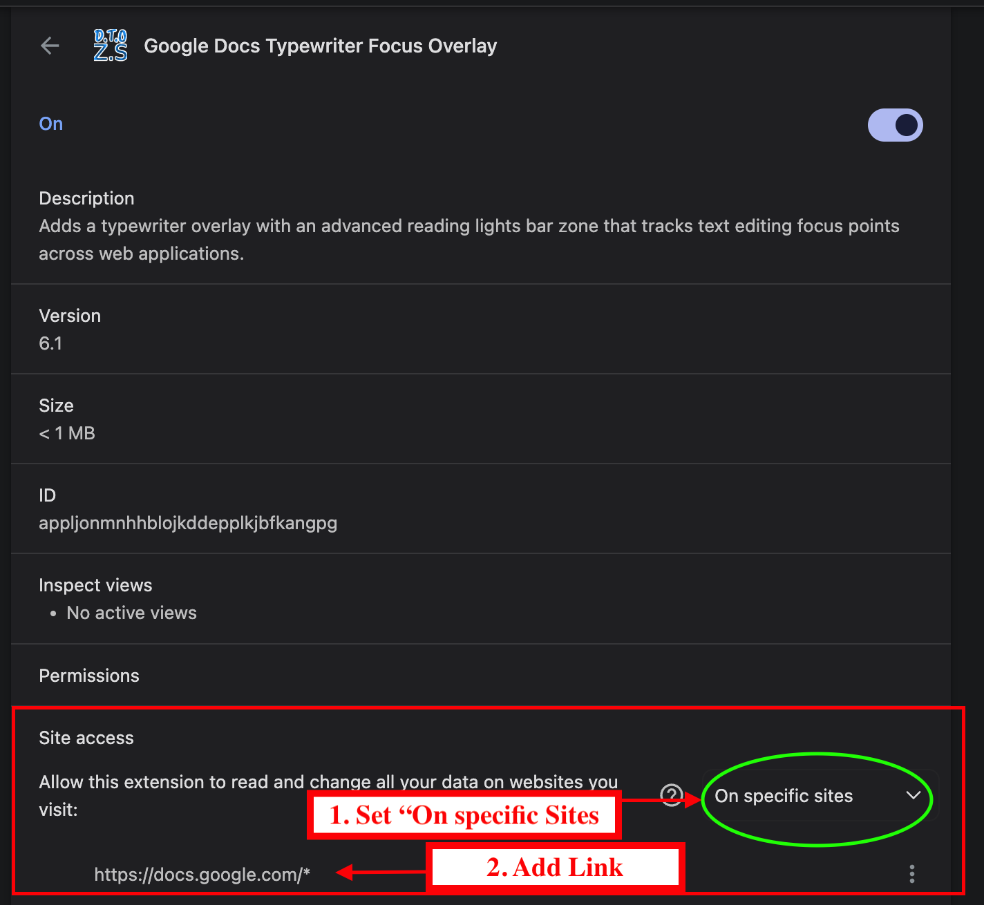 Extension settings showing site access for ://google.com